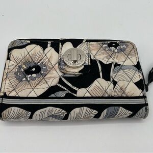 Vera Bradley Black Cream Gray Floral Quilted Turn-Lock Wallet